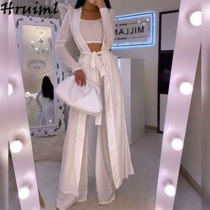 3 Pieces Set Women Autumn Solid Crop Top High Waist Wide Leg Pants Sashes Long Sleeve Trench Coat Casual Streetwear Outfits 210513