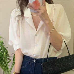 Minimalist White Notched Femme Office Lady Streetwear Summer Shirts Girls Sweet Loose OL Chic Prom Tops 210525