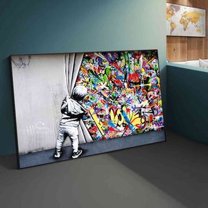 Street Banksy Graffiti hinter dem Vorhang Leinwandgemälde Cuadros Wandkunst Bilder für Home Decor No Frame239Z