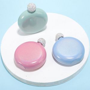 Portable round mini hip flask 304 stainless steel wine kettle crystal cover colorful ladies flagon Glitter ocean freight