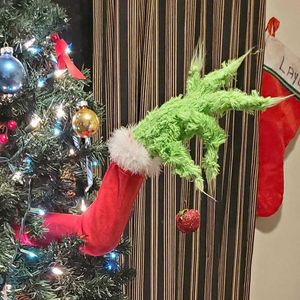 Christmas Decorations Year Furry Green Grinch Arm Ornament Holder for The Christmas Tree for Christmas Home Party Sale 211012