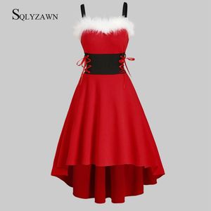 Christmas Dress Women Off Shoulder Autumn Fashion Dresses Faux-fur Lace Up High Low Casual