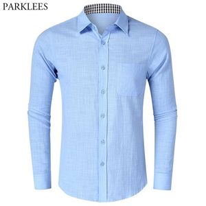 Blue Cotton Linen Shirt Men Fashion Plaid Collar Long Sleeve Mens Dress Shirts Casual Button Down Business Formal Chemise 210522