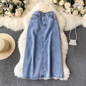 LY VAREY LIN Spring Summer Women Casual Solid Color High Waist Denim Skirts Fashion Office Lady Medium 210526