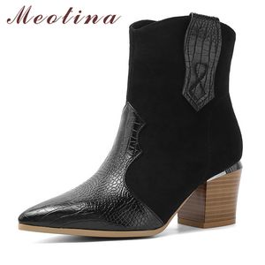 Vinter fotled Stövlar Kvinnor Zipper Chunky High Heels Västra blandade färger Pekade Toe Skor Lady Höst Stor storlek 3-12 210517