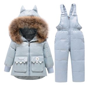 2021 Winter Down Clothing Set for Babies Warm Dinosaur Boy Girl Ski Suit Children Down Jacket Boys Pant Kids Snowsuit Parka 1-5Y H0909