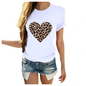 Plus Storlek Kvinnor T-shirt Sommar Leopard Hjärta Skriv ut T Shirt Casual White Tops Loose Short Sleeve Camisas Mujer