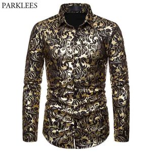 Mäns Paisley Gold Shiny Print Dress Shirts Lyxig design Slim Fit Button Down Snygg Skjorta Män Bröllopsfest Bankettkemis 210522