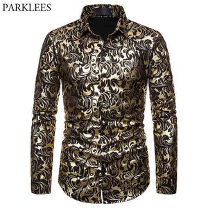 Men's Paisley Gold Shiny Imprimir Vestido Camisas Luxo Design Slim Fit Botão Down Camisa à moda Homens Partido de Casamento Banquete Chemise 210522