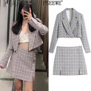 Spring 2 Piece Set Women Blazer Suit Vintage Plaid Tweed Long Sleeve Cropped Woman High Waist Skirt Office 210519