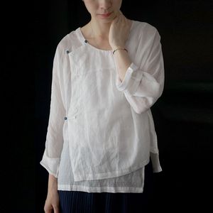 Johnature kinesiska stilskjortor för kvinnor knäppas ramie blouses vårvit långärmad o-nacke oregelbundna kvinnor kläder 210521
