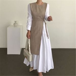 Women Clothing Loose Fashionable Female Outfit French Style Patchwork Autumn Maxi Dress Ladies Solid Long Sleeve Khaki W052 210510