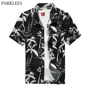 Black Hawaiian Beach Shirt Men Summer Fashion Palm Tree Printed Tropical Aloha Shirts Mens Party Casual Holiday Clothing 210522