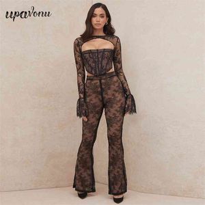 Gratis Kvinnors Lace Patchwork Bandage Pants Set Sexy Hollow Backless Tights Flared Party Two-Piece 210524