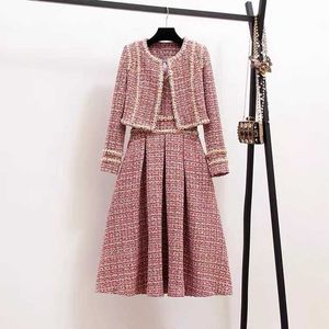 Höst Vinter Små Fragrance Beading Tweed 2 Piece Set Passar Kvinnor Långärmad Plaid Jacka Coat + Ärmlös Vest Dress 210529