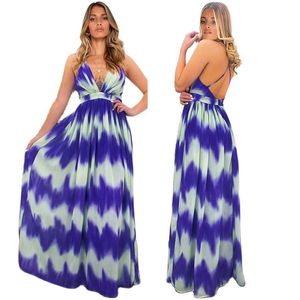 Moda Lato Kobiety Boho Maxi Dress Backless Bez Rękawów V Neck Gradient Paski Print Print Party Beach Suknie Lady Sundress 210522