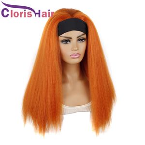 Orange Color Kinky Straight Synthetic Headband Wig For Black Women Heat Resistant Fiber Full Coarse Yaki Gluless Wigs With Hair Scarf 24Inch