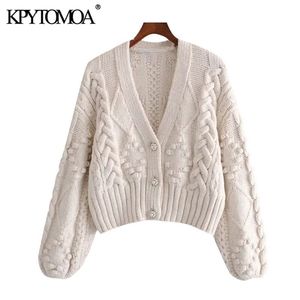 KPytomoa Women Fashion Pompom Applicques Croped Sticked Cardigan tröja Vintage Långärmad Kvinna Ytterklädsel Chic Tops 210914