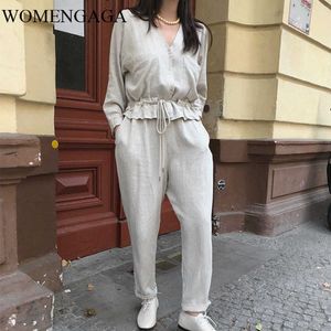 Korea Långärmad Jumpsuit Kvinnors Ruffled Patchwork Drawstring Waist Casual Straight Jumpsuit Korean Style0aa3 210603