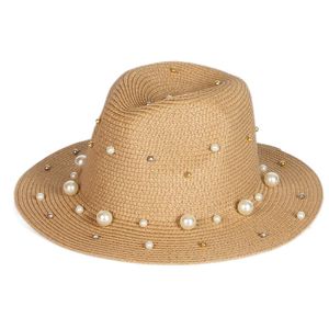 Breite Krempe Hüte Großhandel Hohe Qualität Sommer Strand Damen Frauen Strohhut Panama mit Perlen