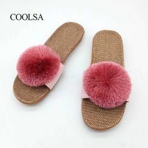 COOLSA Women's New Summer Candy Pompom Flax Slippers Women Furry Breathable Indoor Linen Slippers Fashion Home Slides Wholesale Y0731