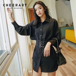 Black Shirt Tunic Dress With Corset Women Long Sleeve Gothic Lace Up Collar Mini Clothing 210427