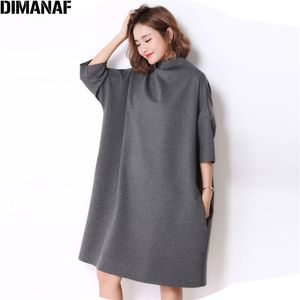 DIMANAF Autunno Plus Size Abito donna Casual Dolcevita solido Pipistrello allentato Moda femminile Oversize Grigio Abiti eleganti Fit 5XL 210319