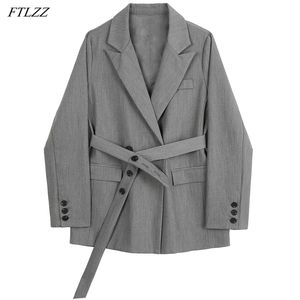 Spring Arrival Women Elegant Double Breasted Sashes Slim Suit Jackets Office Ladies Vintage Solid Gray Blazer 210430