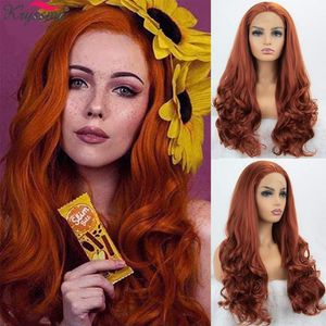 Bakır Saç Peruk toptan satış-Sentetik Peruk Dantel Ön Peruk Uzun Dalgalı Kadınlar Için Bakır Kırmızı Turuncu Ücretsiz Bölüm Yüksek Sıcaklık Fiber Saç Cadılar Bayramı