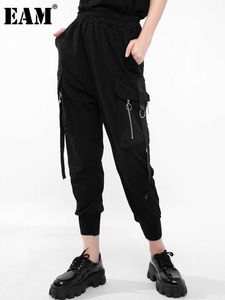 [EAM] High Elastic Waist Black Ribbon Long Harem Trousers New Loose Fit Pants Women Fashion Tide Spring Autumn 2021 JQ01501 Q0801
