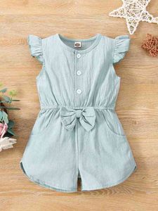 Baby Ruffle Trim Bow Front Half Button Romper SHE