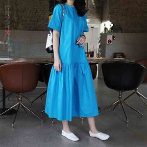 Summer Short Sleeve Blue Dress Women's Korean Version Loose Large Size Medium Length Ruffle Dresses 2D1666 210526