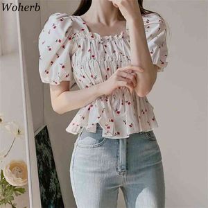 Sweet Cherry Print Blouse Women Korean Chic Summer Elastic Pleated Shirt Puff Sleeve Square Collar Blusas Slim Tops 210519