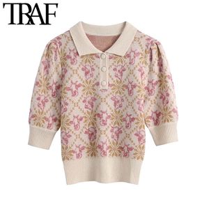 Frauen Mode Tier Jacquard Gestrickte Pullover Vintage Revers Kragen Kurzarm Weibliche Pullover Chic Tops 210507