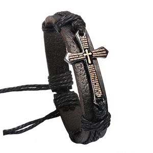 New Fashion Men Jewelry Vintage Leather Bracelets & Bangles Metal Cross Jesus Bracelet Adjustable Wax Cord Brown Black