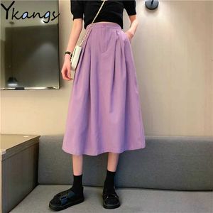 Sommar Pure Färg Långkjolar Kvinnor High-Waisted HaraJuku A-Line Elegant Kjol Koreansk stil Vintage Long Joker Skirt 210619