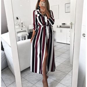 Escritório Lady Surpreenda Botão de Colarinho Lace Up Camisa Longa Vestido Mulheres Outono Primavera Longa Stripe Maxi Vestidos 210518