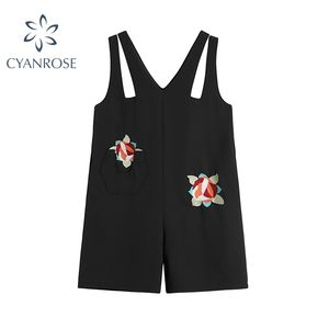 여성 꽃 자수 Playsuit Summer Streetwear 빈티지 패션 넓은 다리 느슨한 한국어 캐주얼 숙 녀 바지 점프 수트 210515