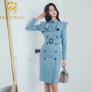 Sexig Lotus Leaf Colla Collar Slim Waist Double-Breasted Women Knee Length Dress Package Hip Frenulum Dress 210506