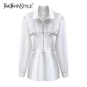 女性ラペルのための白い弾力のシャツ長袖ミニマリストのカジュアルブラウスの女性ファッション服春210524