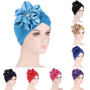 Mode satin Big Flower Party hattar Afrika Muslim Kvinnors Wraps Turban Pläterad Bonnet Indien Nigeria Wedding Caps Headwear