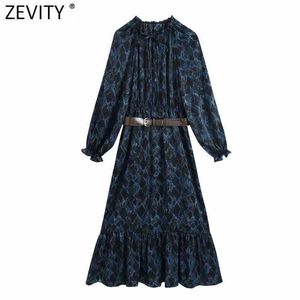 Zevity Women Vintage LeopardプリントSashes Midi Dress FemmeロングスリーブプリーツフリルカジュアルAラインvestidoシッククロスD4857 210603
