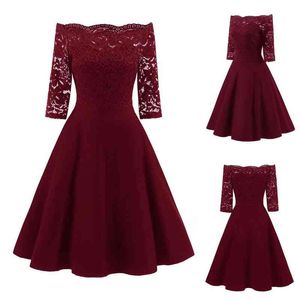 Kobiety Elegancka Sukienka Koronkowa Pół Rękaw Off Wedding Wedding Costume Solidna kolana Wieczór Party Prom Dress Vestidos Y1204