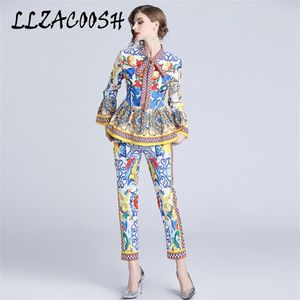 Fashion Runway Pants Suit Sets Women's Flare Sleeve Bow Collar Print Blouses and Casual Two Pieces Set 211105