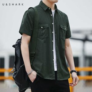 U&SHARK Summer Button Up Army Green Shirt Short Sleeve Men Blouse 100% Cotton Organ Pocket Casual Shirt for Men Clothing 210603