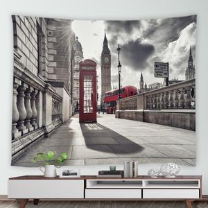 Tapestries Retro London Building Tapestry Red Telephone Booth Big Ben Black White Style Wall Hanging Home Bedroom Blanket