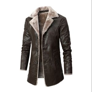 Men Faux Leather Outerwear Slim Distressed Lapel Neck Trench Coats Vintage Jacket