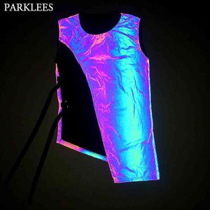 Gilet riflettente colorato bagliore Maschile Hip Hop Night Gilet fluorescente Uomo Harajuku Shiny Belt Outwear Gilet Chaleco 210522