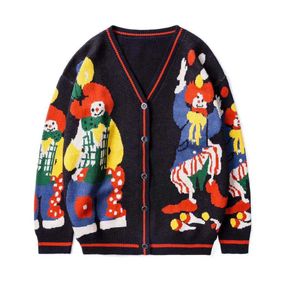 Rolig clowntryck stickad cardigan tröja män kvinnor hip hop bomull harajuku oversize streetwear unsiex knit jumper 210909