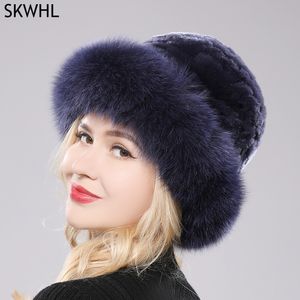 ニットリアル本物のキツネの毛皮の帽子女性ビーニーソリッドレックスウサギ帽子冬の女性パーティーファッションハットスカーフ
